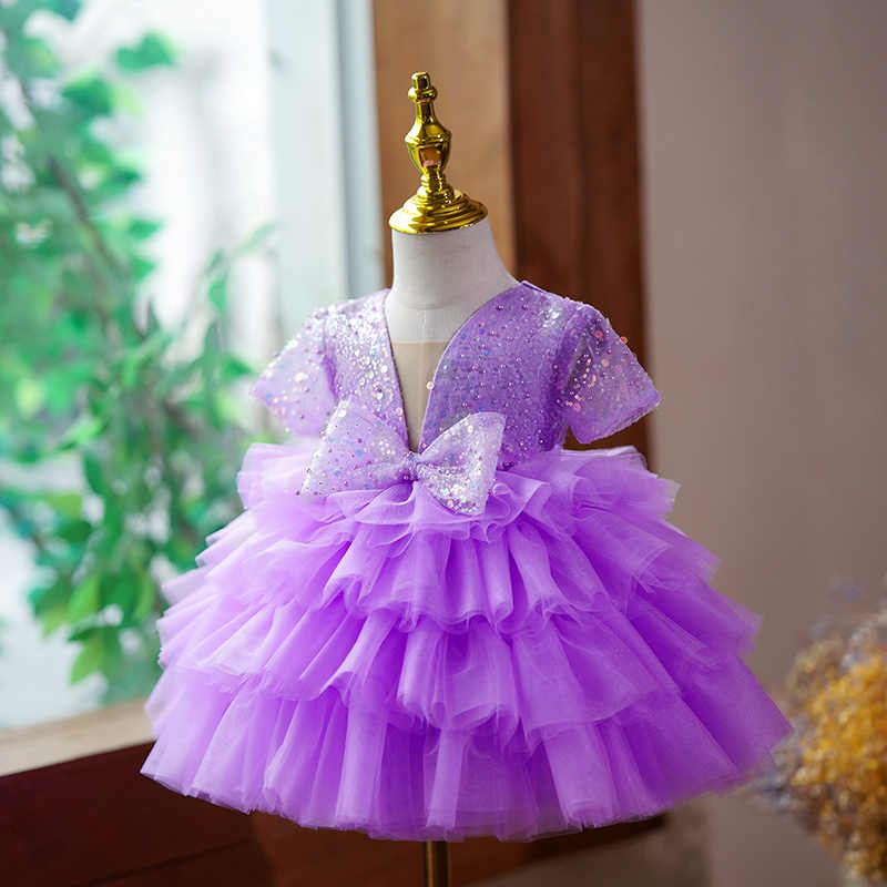 TinyTulle Purple Sequin V-Neck Layered Tulle Princess Flower Girl Dress