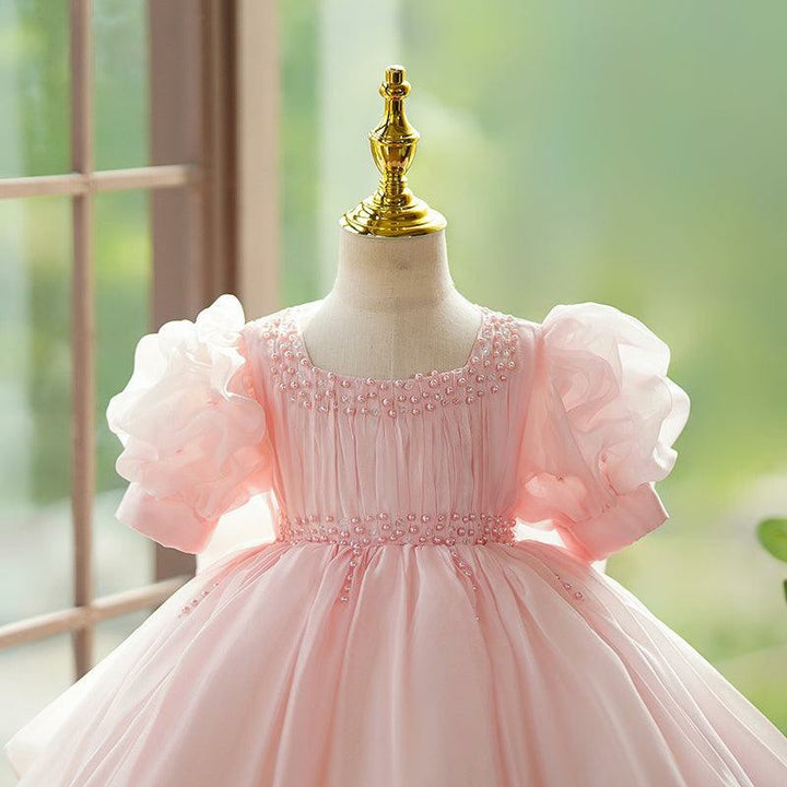 TinyTulle Blush Pink Tulle Baby Girl Dress with Puff Sleeves &amp; Pearl Beaded Details