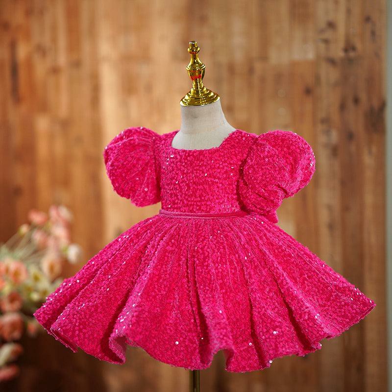 TinyTulle Hot Pink Sequin Puff Sleeve Flower Girl Dress with Velvet Bow for Birthday &amp; Pageant