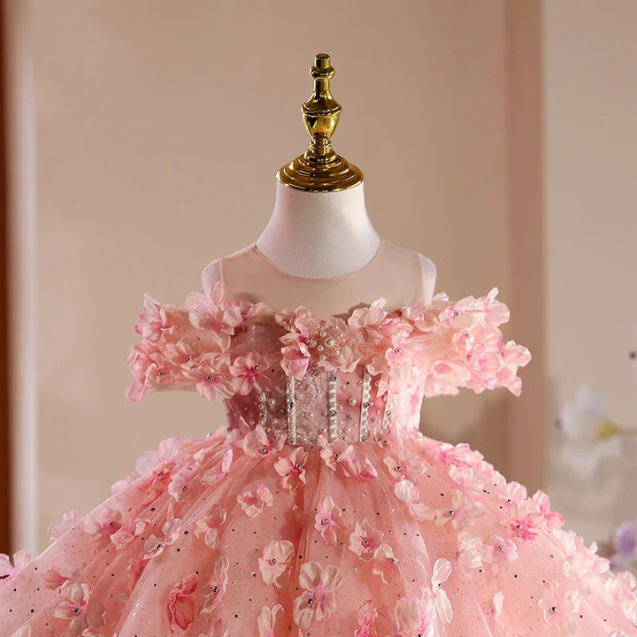 TinyTulle Pink Off-Shoulder 3D Floral Ball Gown Princess Flower Girl Dress for Birthday Party