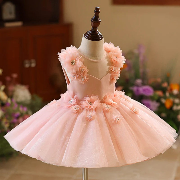 TinyTulle Blush Pink Floral Tulle Princess Flower Girl Dress