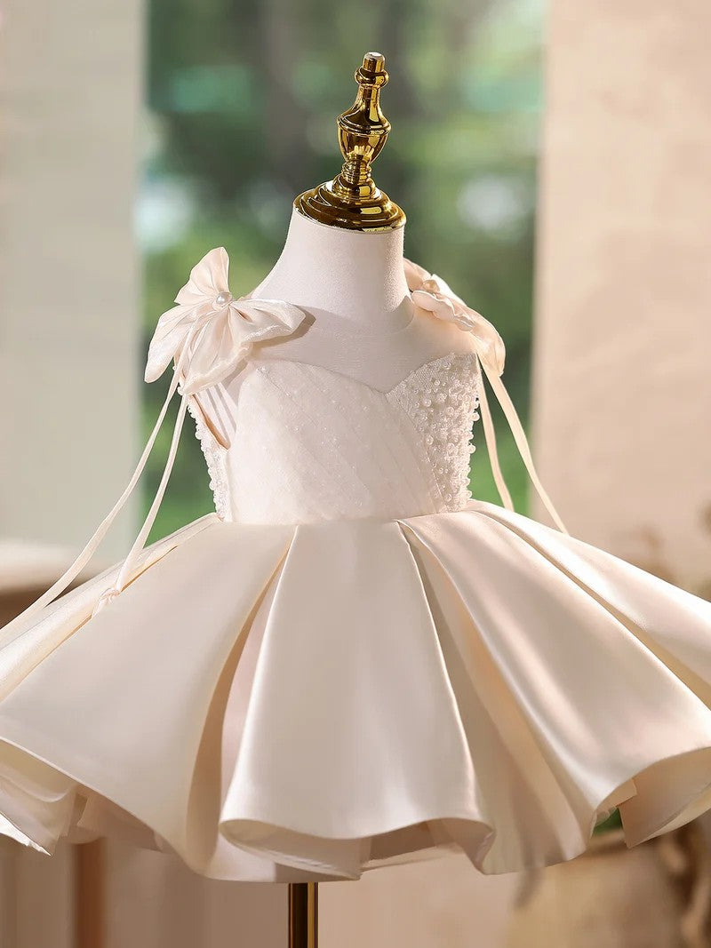 TinyTulle Elegant Ivory Satin Ball Gown with Pearl Beaded Bodice for Flower Girl &amp; First Communion