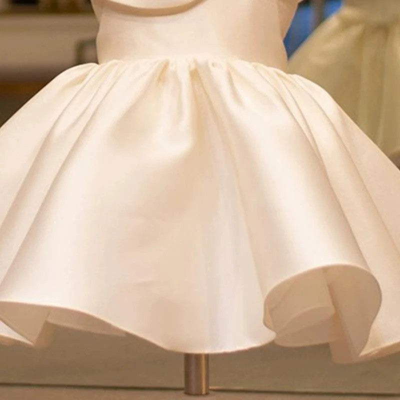 TinyTulle Elegant Ivory Satin Baby Girl Dress with Bow Collar for Christening &amp; First Birthday