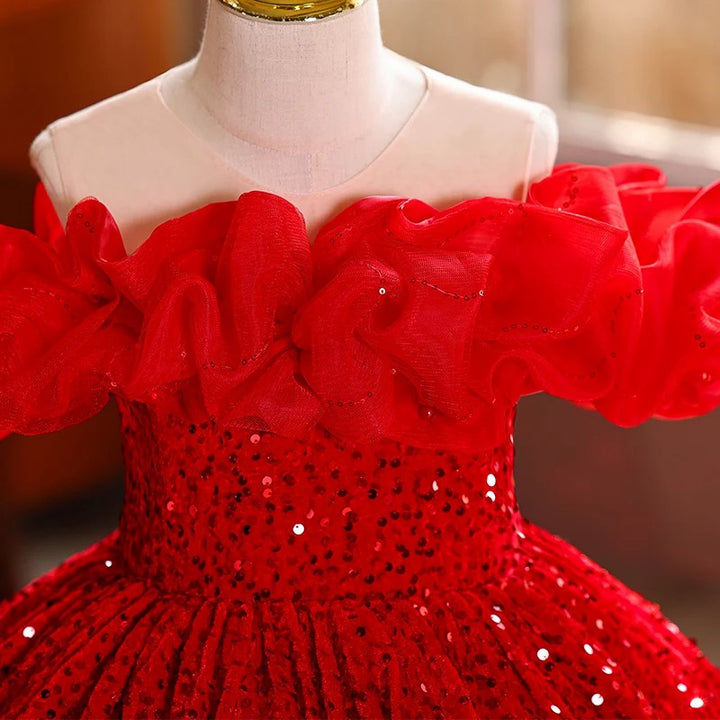 TinyTulle Red Sequin Ruffled Off-Shoulder Ball Gown for Pageants &amp; Holiday Parties