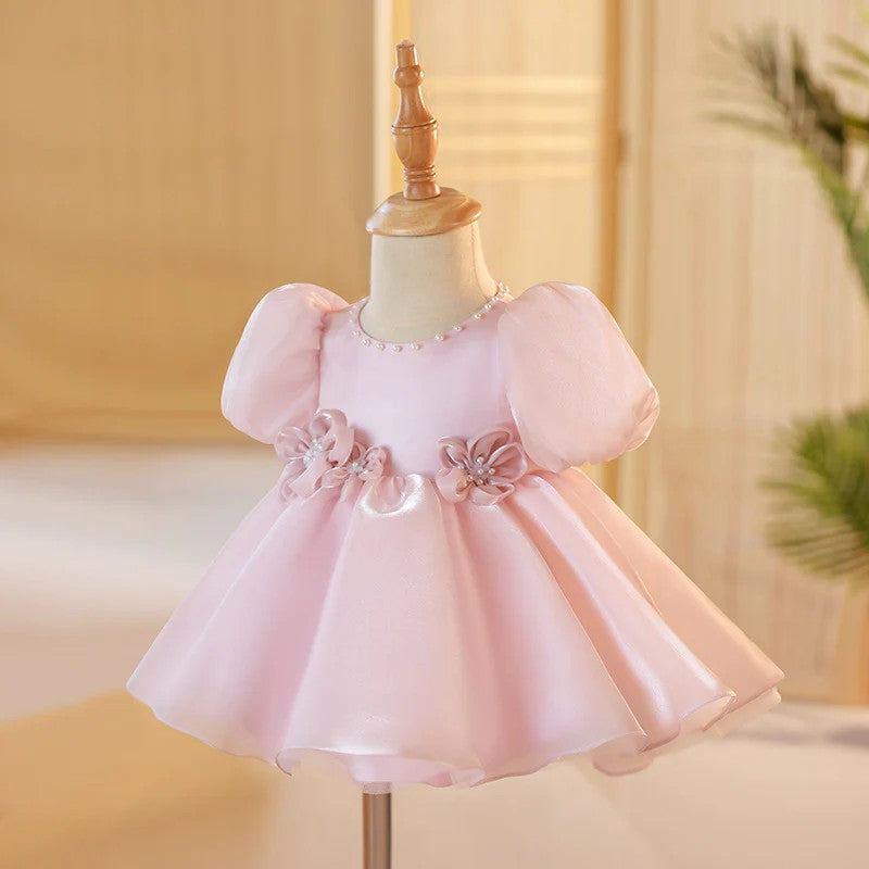 TinyTulle Blush Pink Puff Sleeve Princess Flower Girl Dress