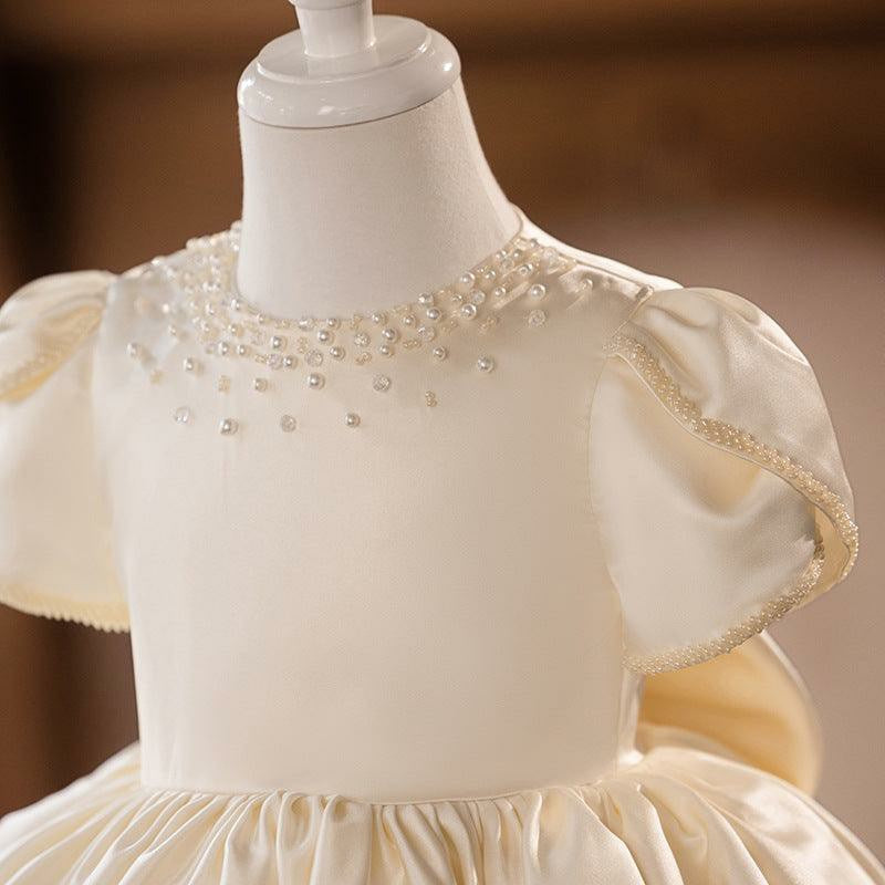 TinyTulle Elegant Ivory Satin Baby Girl Dress with Pearl Beaded Neckline for First Communion