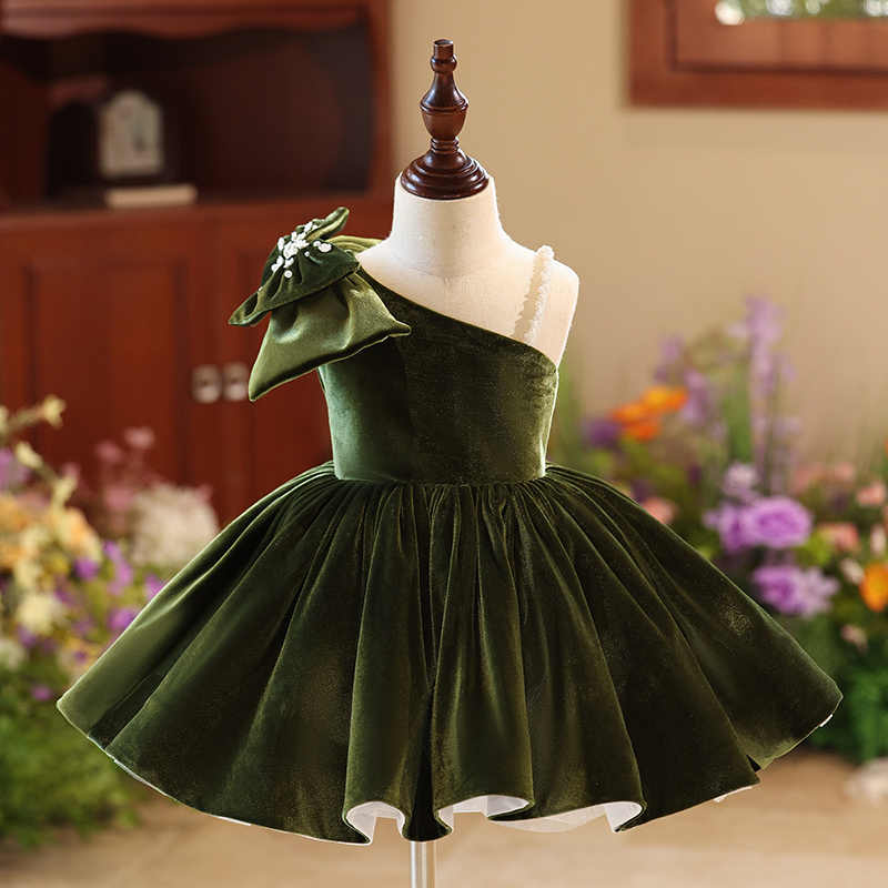 TinyTulle Emerald Velvet One-Shoulder Flower Girl Dress with Statement Bow