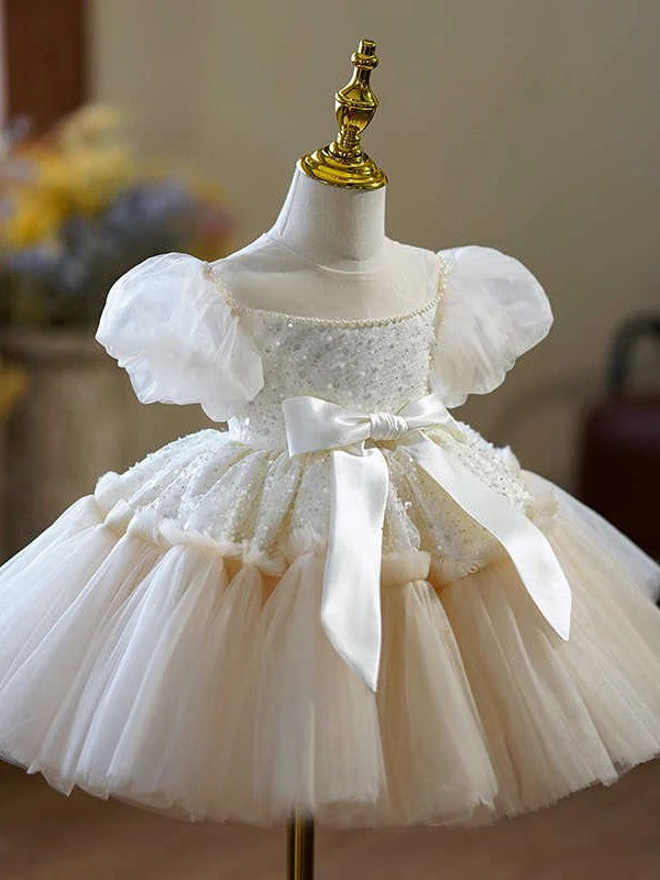 TinyTulle Champagne Puff Sleeve Bow Princess Flower Girl Dress