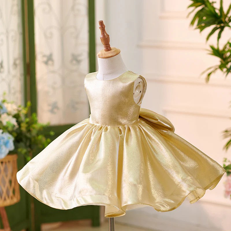 TinyTulle Luxurious Gold Satin Sleeveless V Back Flower Girl Dress with Bow
