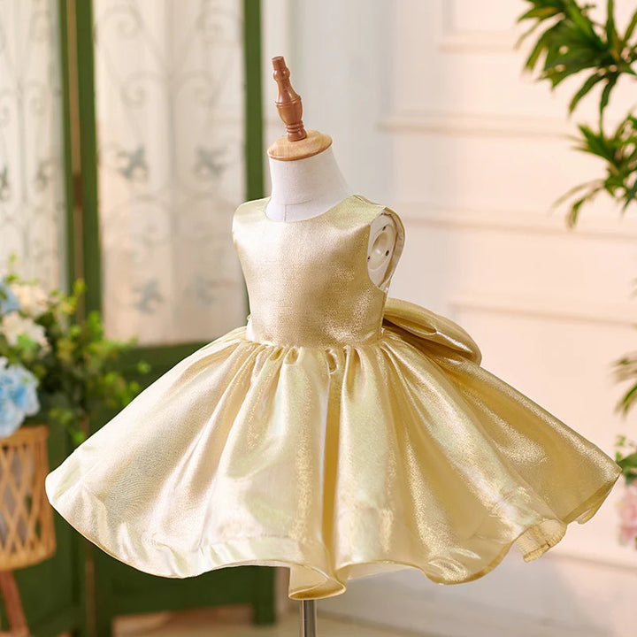 TinyTulle Luxurious Gold Satin Sleeveless V Back Flower Girl Dress with Bow