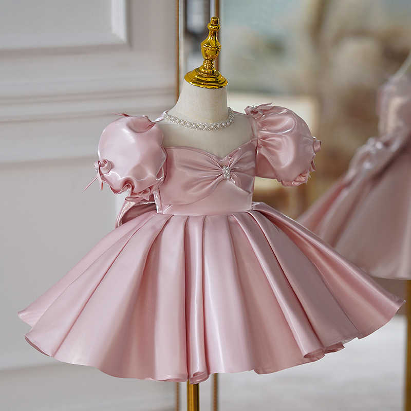 TinyTulle Blush Pink Satin Puff Sleeve Princess Flower Girl Dress with Bow