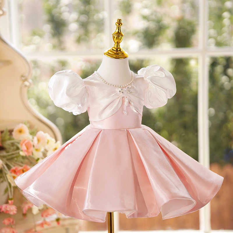 TinyTulle Blush Pink Satin Princess Flower Girl Dress with Puffy Sleeves