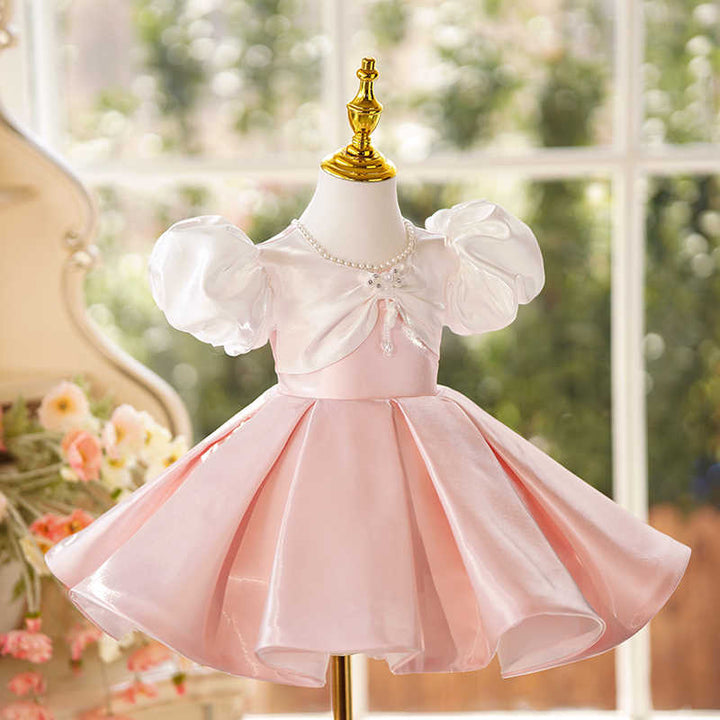 TinyTulle Blush Pink Satin Princess Flower Girl Dress with Puffy Sleeves