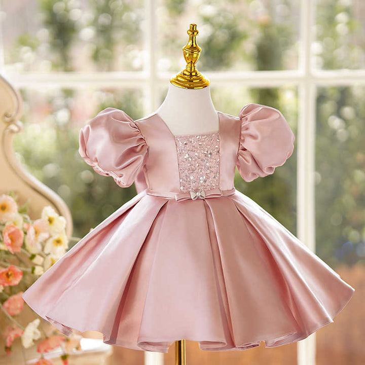 TinyTulle Pink Satin Ball Gown Flower Girl Dress with Crystals and Bow Detail