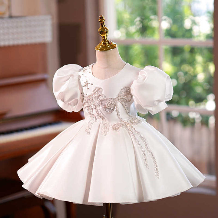TinyTulle Elegant White Puff Sleeve Princess Flower Girl Dress with Beaded Butterfly Details