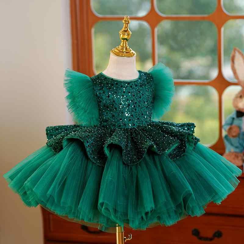 TinyTulle Emerald Green Sequin Ruffle Tulle Flower Girl Dress with Layered Skirt
