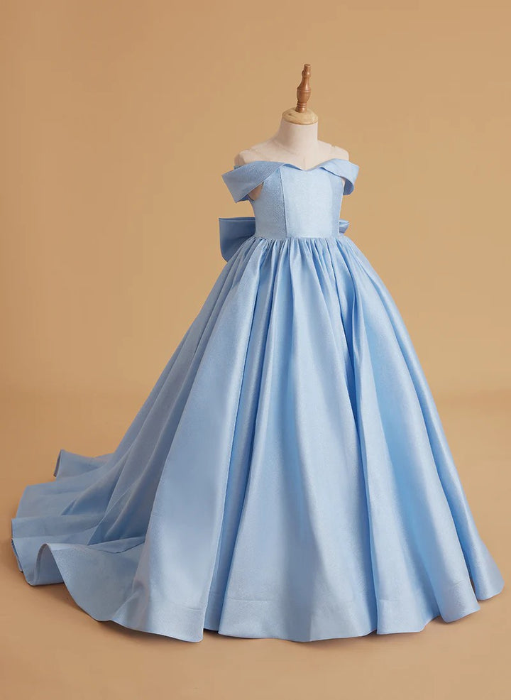 TinyTulle Elegant Light Blue Off-Shoulder Satin Ball Gown Flower Girl Dress