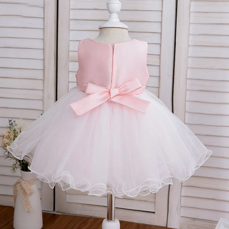 TinyTulle Pink Satin Bow White Tulle Flower Girl Dress with Beaded Details