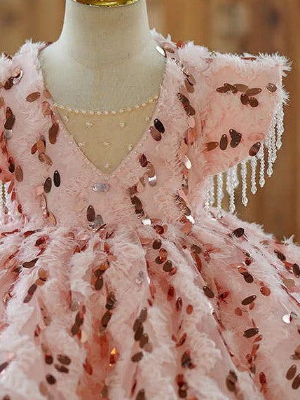 TinyTulle Pink Sequin Feather Ball Gown Flower Girl Dress with Beaded Tassel Details