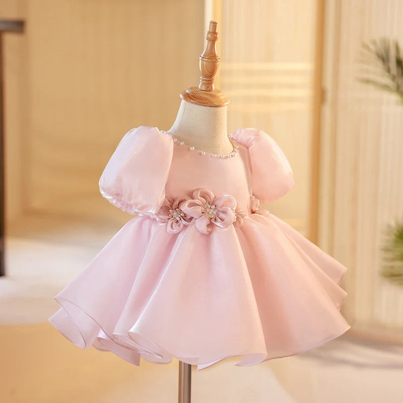 TinyTulle Blush Pink Puff Sleeve Princess Flower Girl Dress