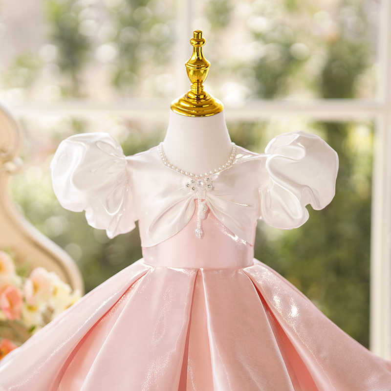 TinyTulle Blush Pink Satin Princess Flower Girl Dress with Puffy Sleeves