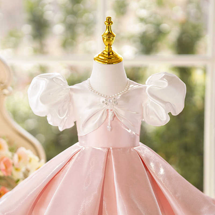 TinyTulle Blush Pink Satin Princess Flower Girl Dress with Puffy Sleeves