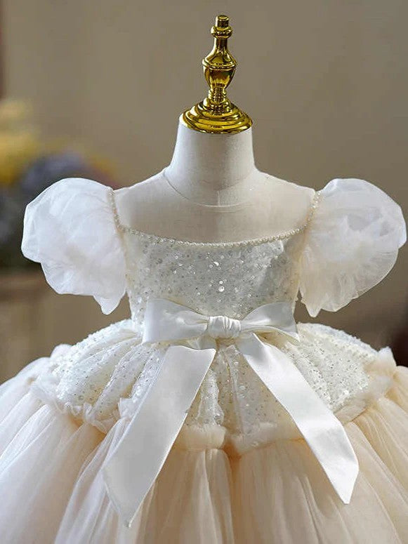TinyTulle Champagne Puff Sleeve Bow Princess Flower Girl Dress