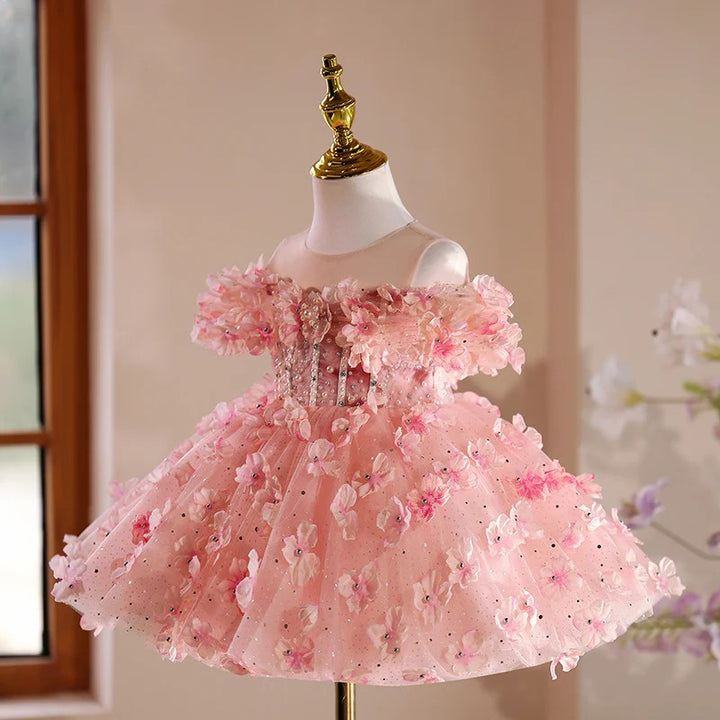 TinyTulle Pink Off-Shoulder 3D Floral Ball Gown Princess Flower Girl Dress for Birthday Party