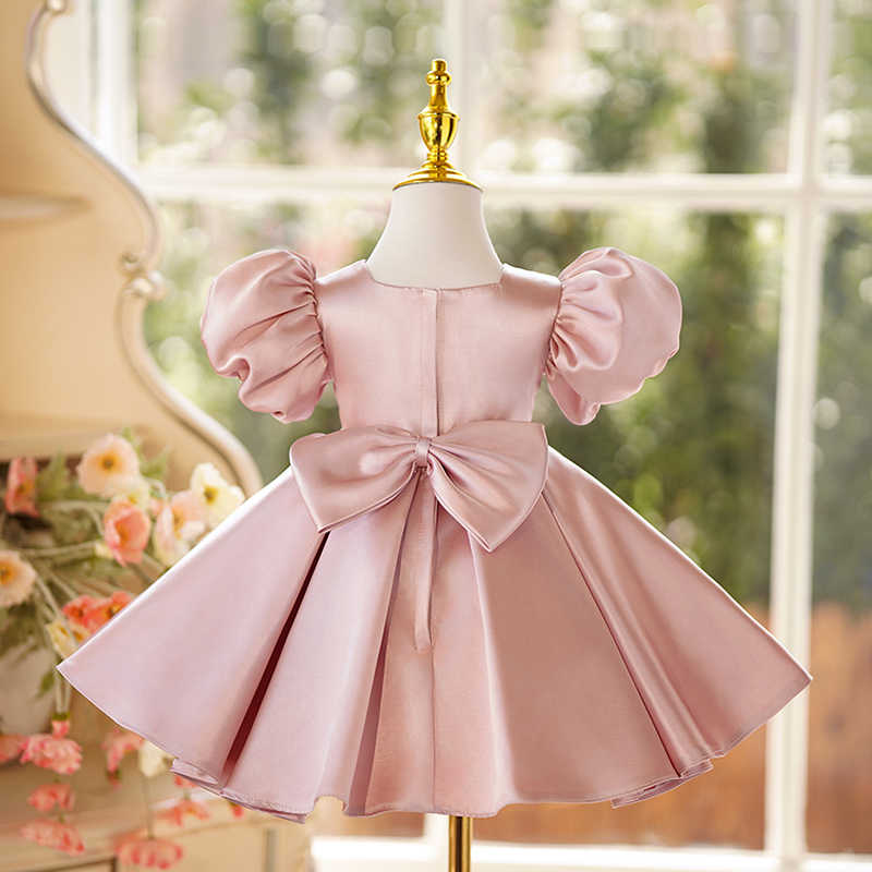 TinyTulle Pink Satin Ball Gown Flower Girl Dress with Crystals and Bow Detail