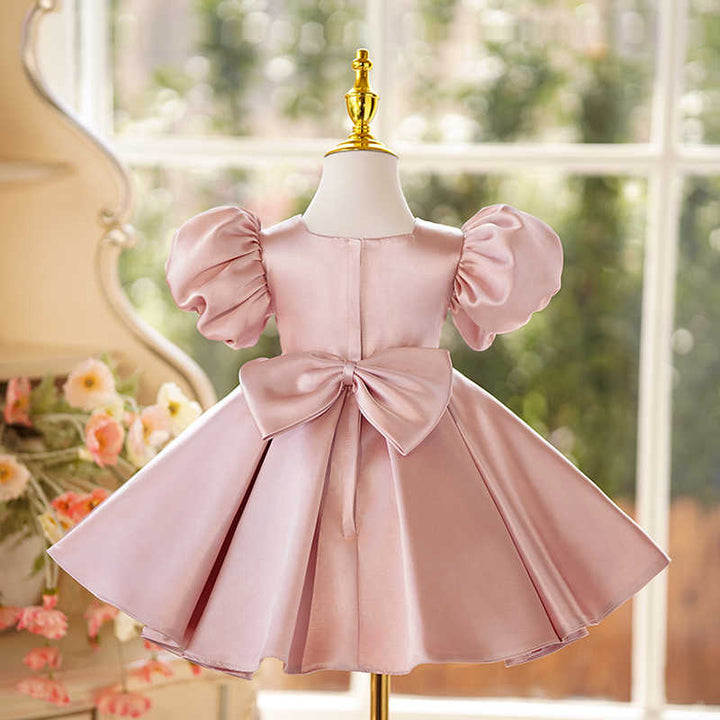 TinyTulle Pink Satin Ball Gown Flower Girl Dress with Crystals and Bow Detail