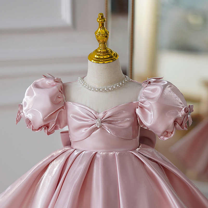 TinyTulle Blush Pink Satin Puff Sleeve Princess Flower Girl Dress with Bow