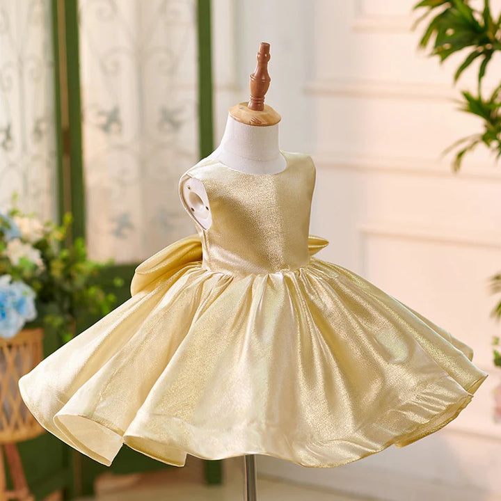 TinyTulle Luxurious Gold Satin Sleeveless V Back Flower Girl Dress with Bow