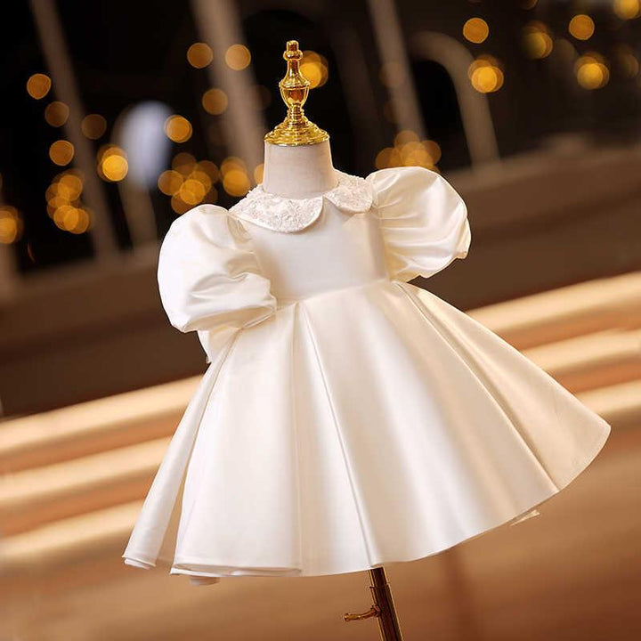 TinyTulle Ivory Satin Puff Sleeve Dress with Beaded Peter Pan Collar for First Birthday