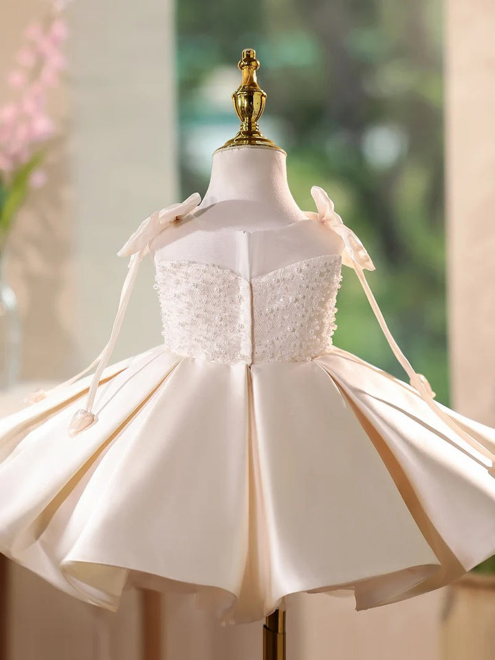 TinyTulle Elegant Ivory Satin Ball Gown with Pearl Beaded Bodice for Flower Girl &amp; First Communion