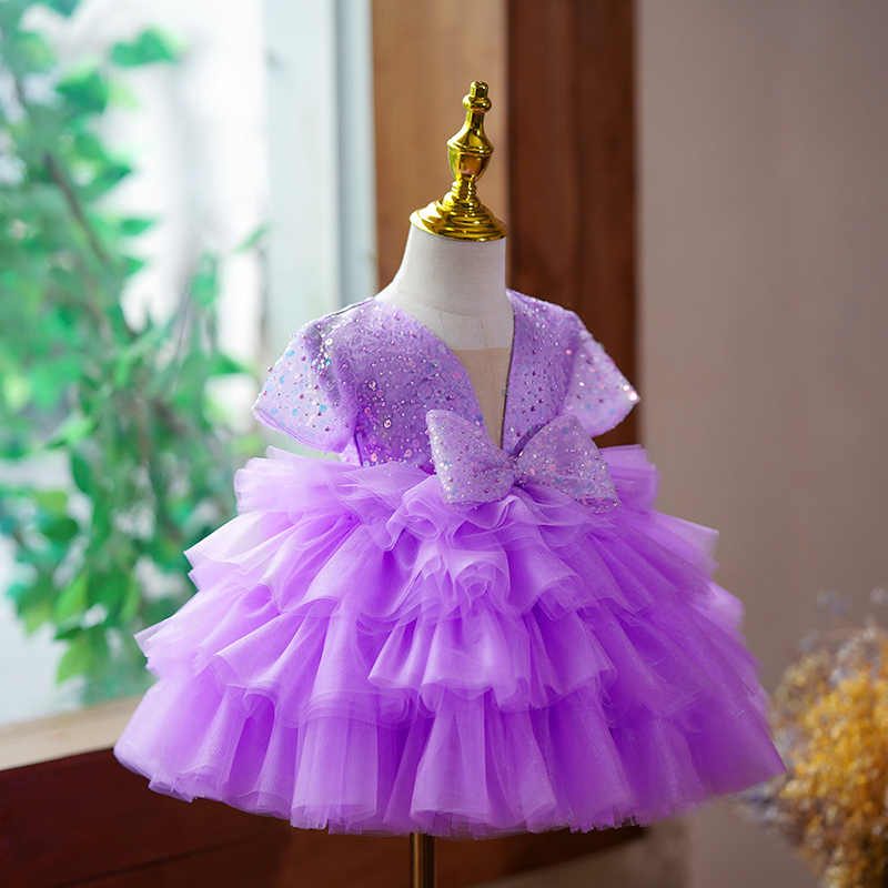 TinyTulle Purple Sequin V-Neck Layered Tulle Princess Flower Girl Dress
