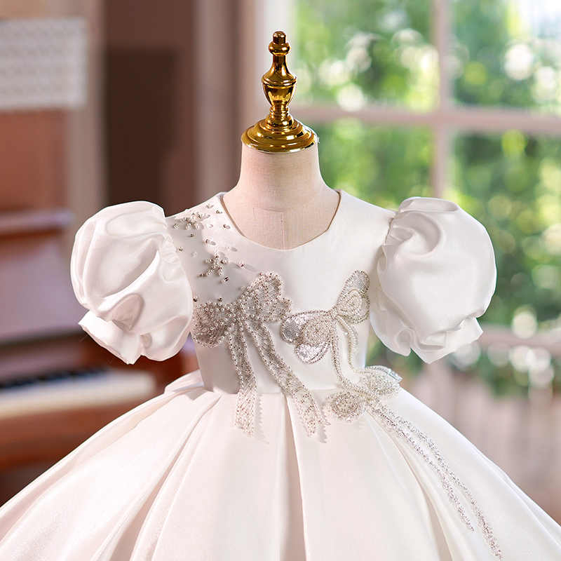 TinyTulle Elegant White Puff Sleeve Princess Flower Girl Dress with Beaded Butterfly Details