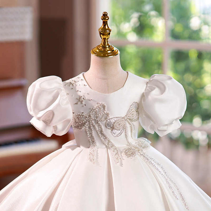 TinyTulle Elegant White Puff Sleeve Princess Flower Girl Dress with Beaded Butterfly Details
