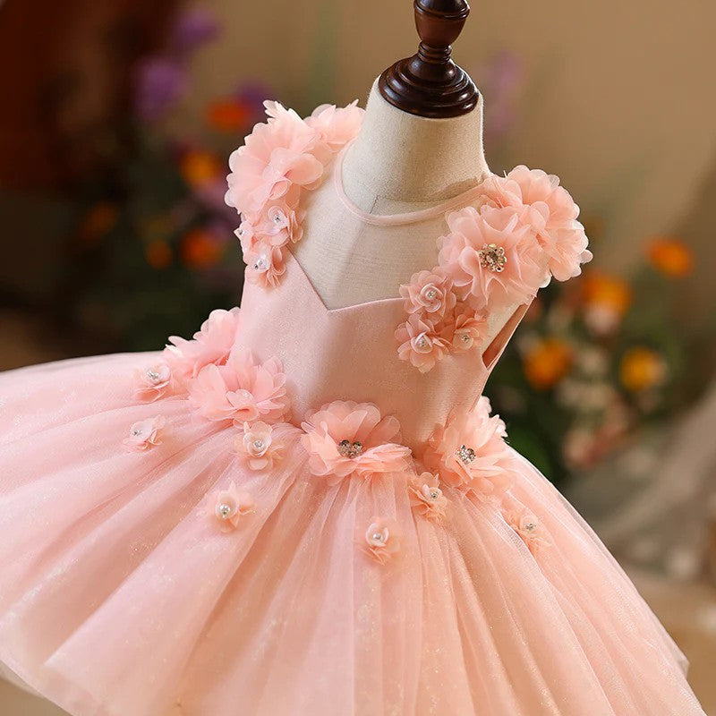 TinyTulle Blush Pink Floral Tulle Princess Flower Girl Dress
