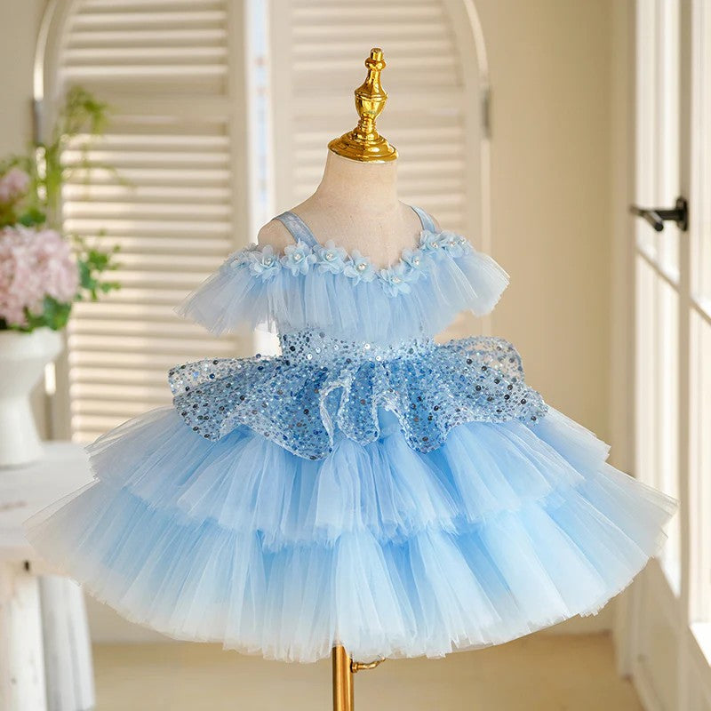TinyTulle Blue Glitter Layered Tulle Princess Flower Girl Dress