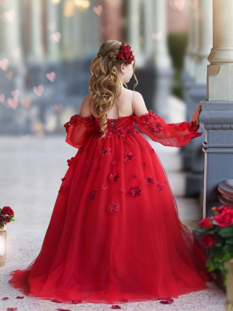 TinyTulle Romantic Off-the-Shoulder Tulle Princess Dress with 3D Floral Details