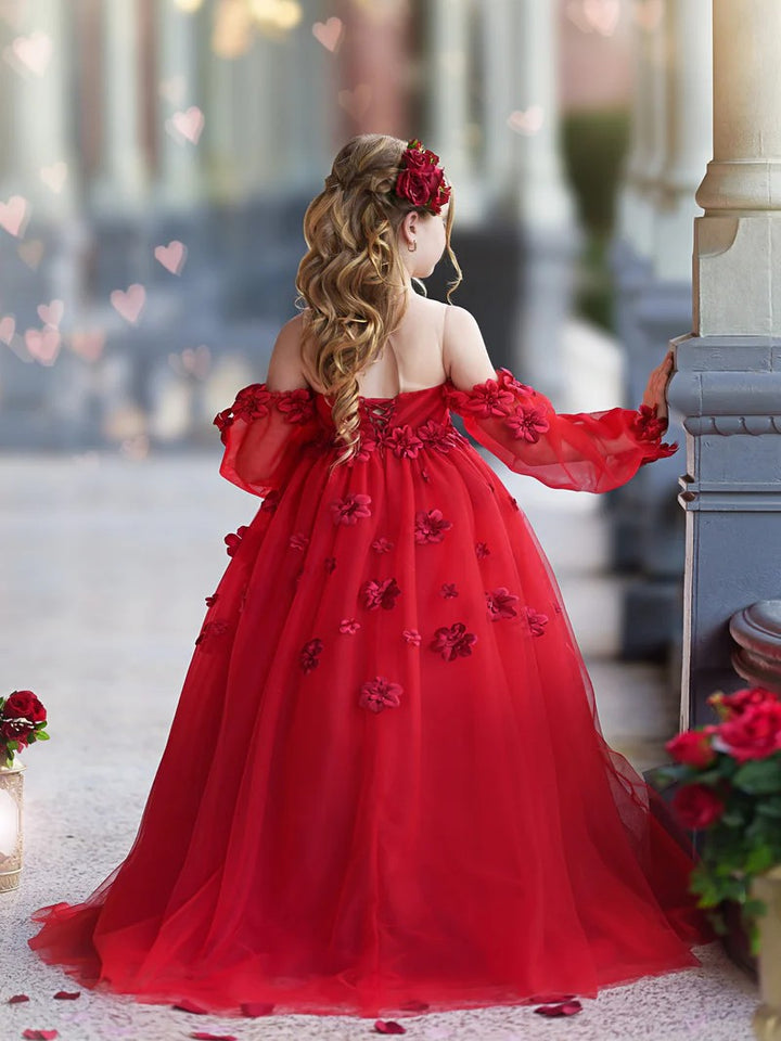 TinyTulle Romantic Off-the-Shoulder Tulle Princess Dress with 3D Floral Details