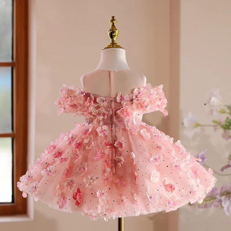 TinyTulle Pink Off-Shoulder 3D Floral Ball Gown Princess Flower Girl Dress for Birthday Party