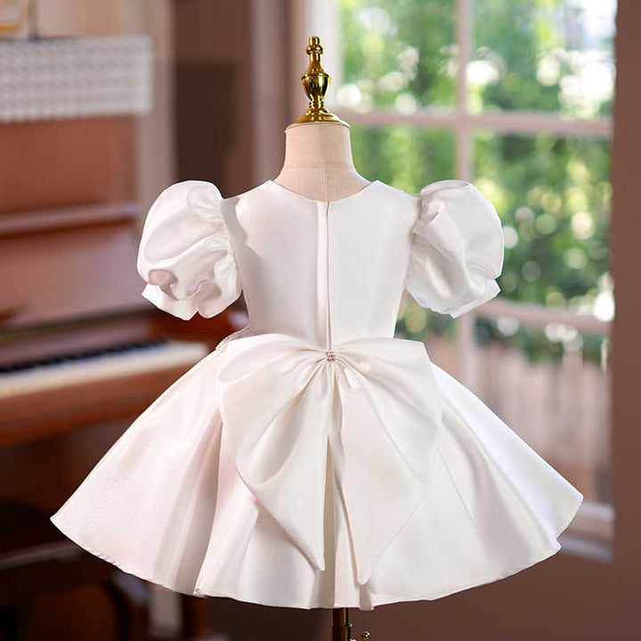 TinyTulle Elegant White Puff Sleeve Princess Flower Girl Dress with Beaded Butterfly Details