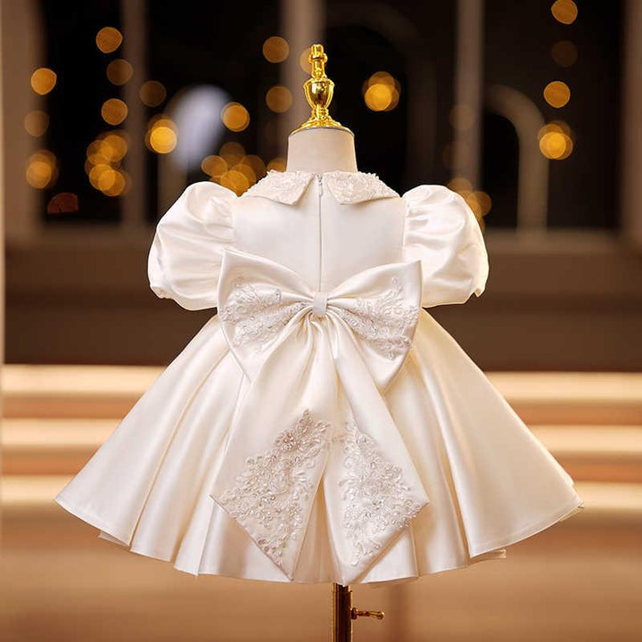 TinyTulle Ivory Satin Puff Sleeve Dress with Beaded Peter Pan Collar for First Birthday
