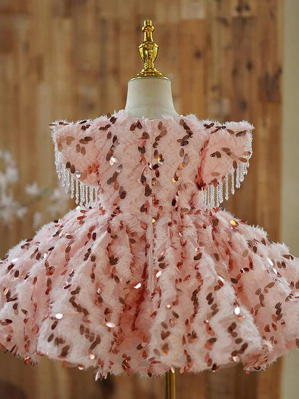 TinyTulle Pink Sequin Feather Ball Gown Flower Girl Dress with Beaded Tassel Details
