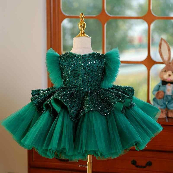 TinyTulle Emerald Green Sequin Ruffle Tulle Flower Girl Dress with Layered Skirt