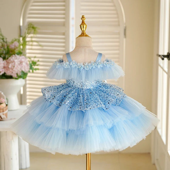 TinyTulle Blue Glitter Layered Tulle Princess Flower Girl Dress