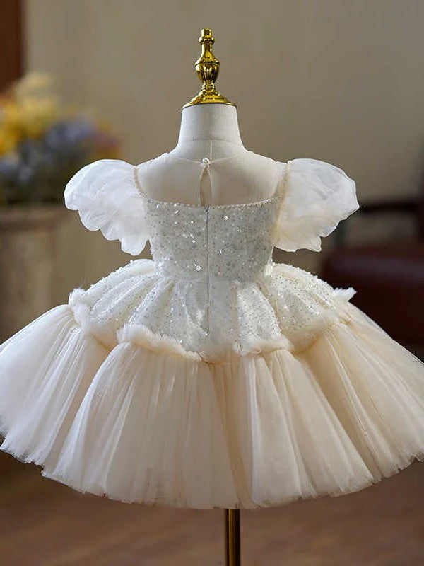 TinyTulle Champagne Puff Sleeve Bow Princess Flower Girl Dress
