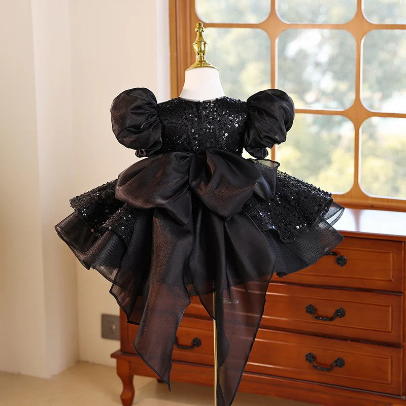 TinyTulle Black Sequin Puff Sleeve Princess Flower Girl Dress