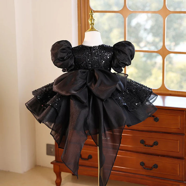 TinyTulle Black Sequin Puff Sleeve Princess Flower Girl Dress